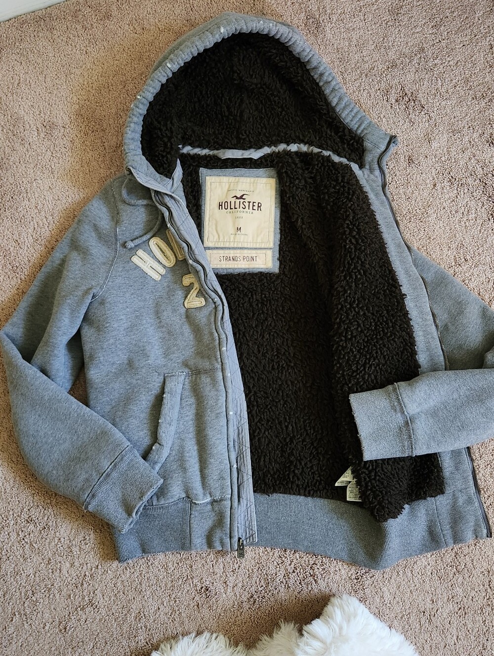 Y2K Hollister Faux Fur Hoodie Jacket Mens Heavy Sherpa Fall Winter Grey Logo M